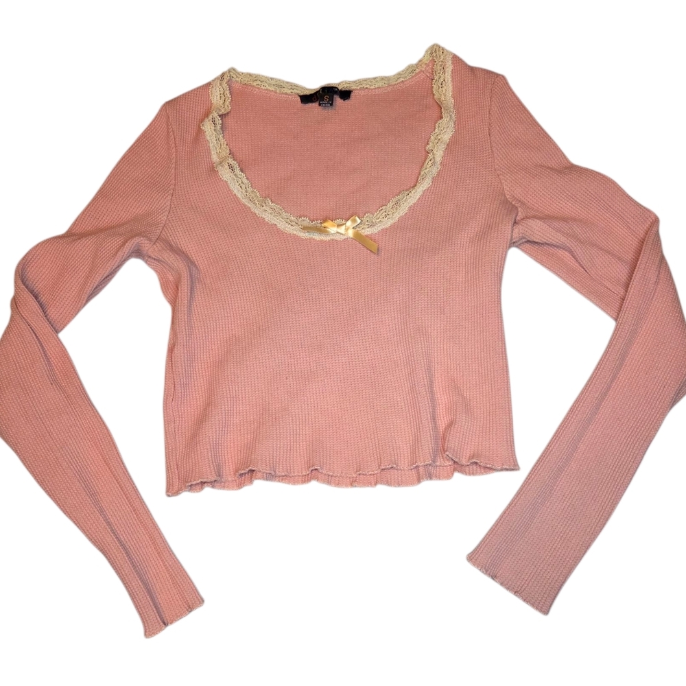 Delia's Waffle Knit Crew Lace Neck Tee Size S - Picture 3 of 6